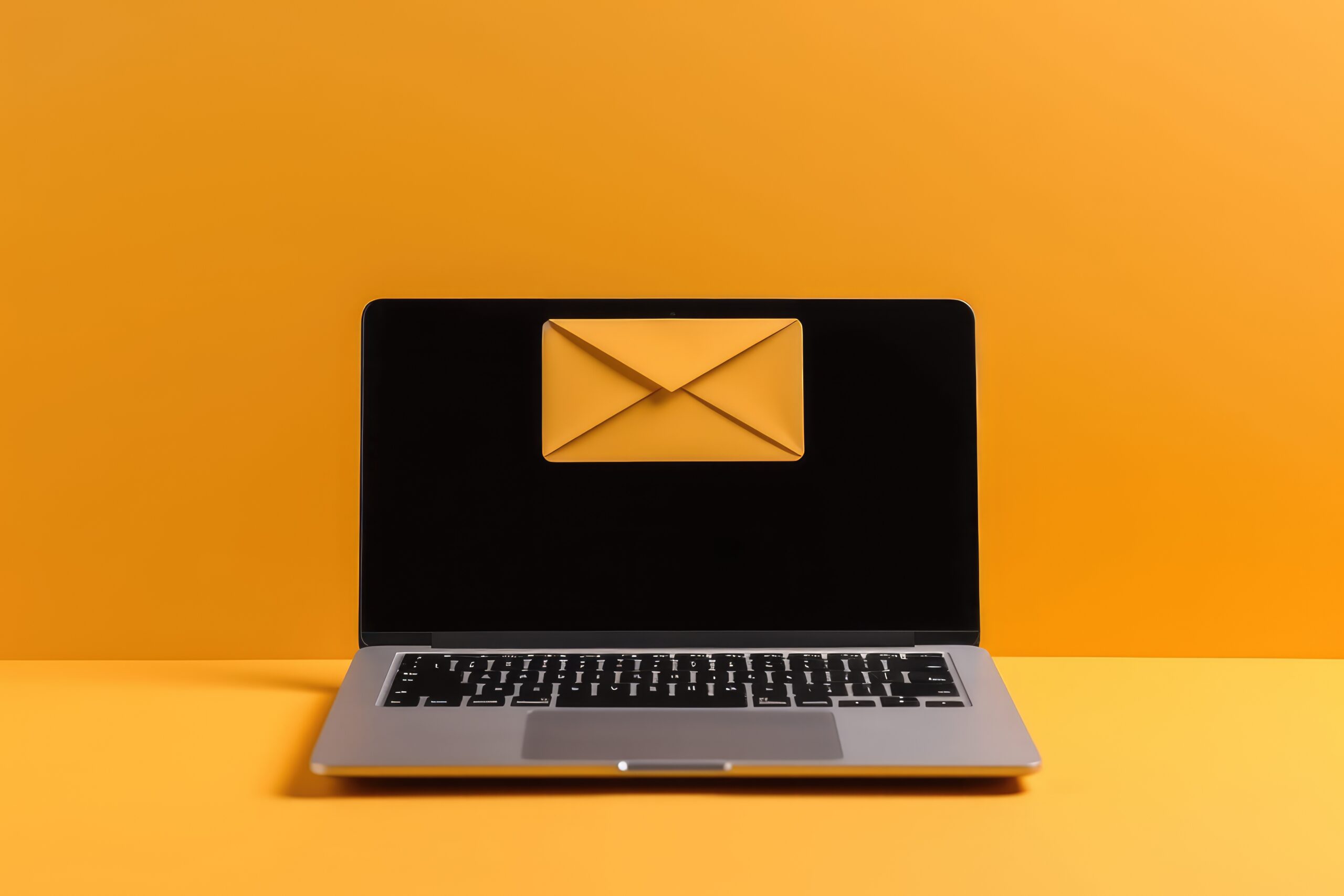 Email icon illustration on laptop screen, yellow background. Contact us concept.